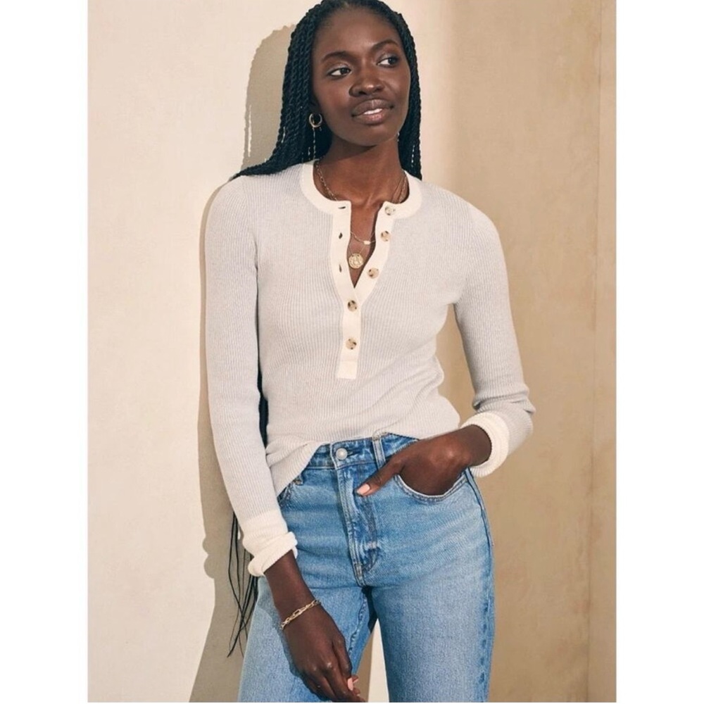 Faherty Mikki Gray Cotton Cashmere Ribbed Knit Long Sleeve Henley Shirt Size S